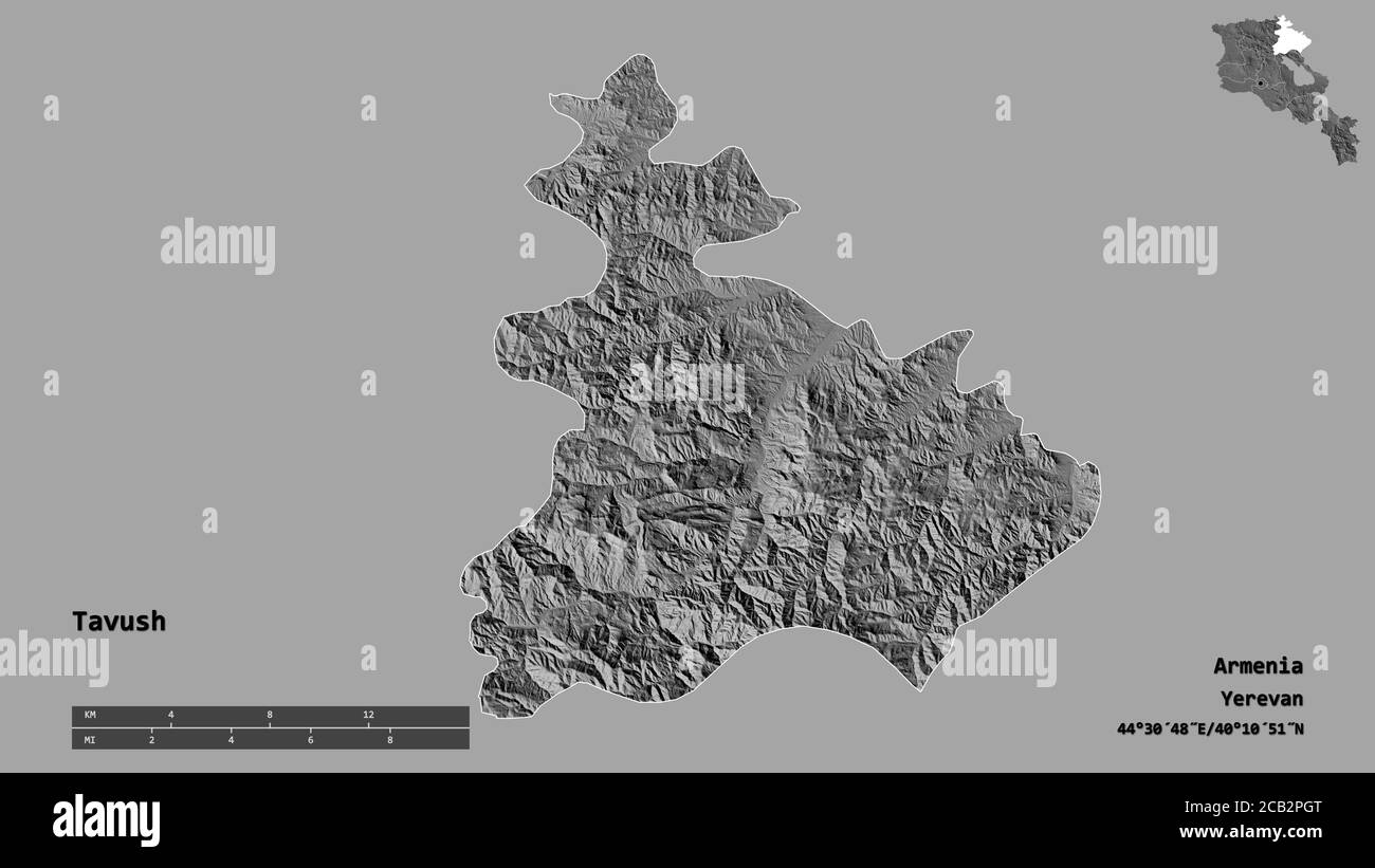 Form von Tavush, Provinz von Armenien, mit seiner Hauptstadt auf festem Hintergrund isoliert. Entfernungsskala, Regionenvorschau und Beschriftungen. Höhenkarte mit zwei Ebenen. Stockfoto