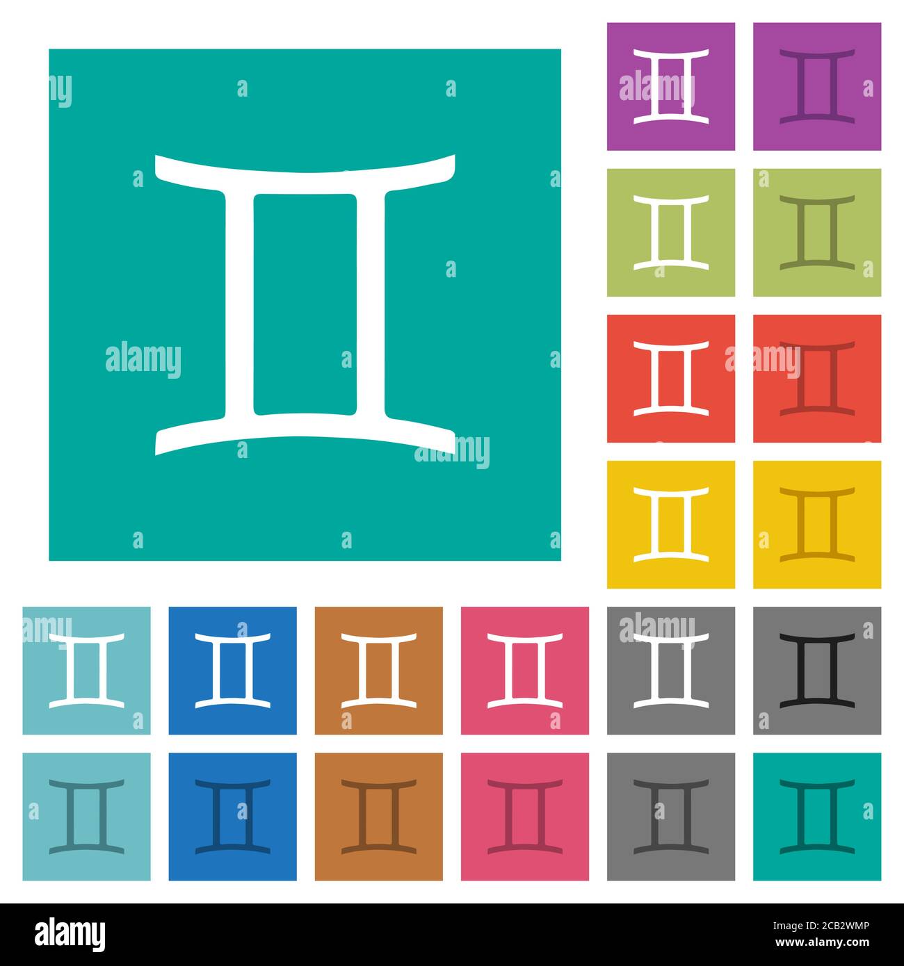 Gemini Sternzeichen mehrfarbige flache Symbole auf einfachen quadratischen Hintergründen. Weiße und dunklere Symbolvarianten für schwebe- oder aktive Effekte. Stock Vektor