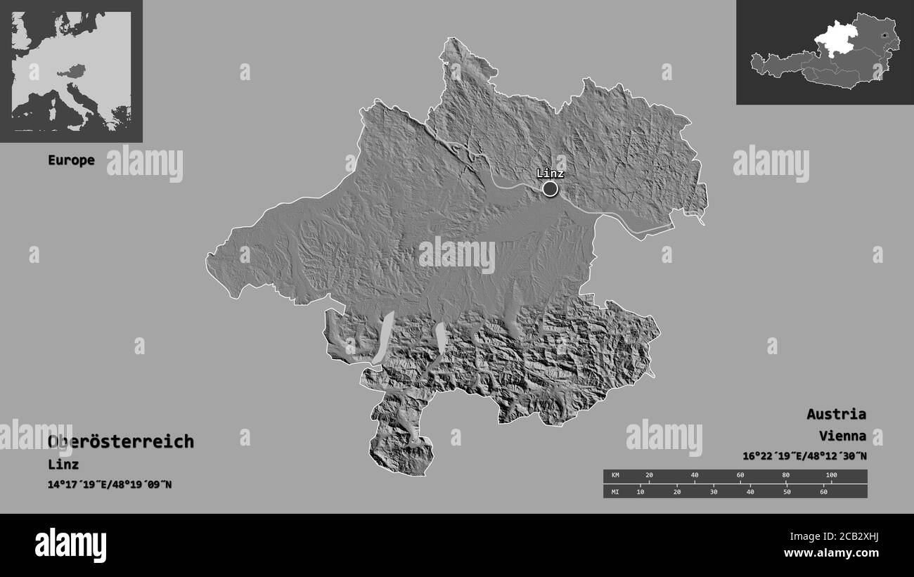 Form von Oberösterreich, Bundesland Österreich, und seiner Hauptstadt. Entfernungsskala, Vorschauen und Beschriftungen. Höhenkarte mit zwei Ebenen. 3D-Rendering Stockfoto