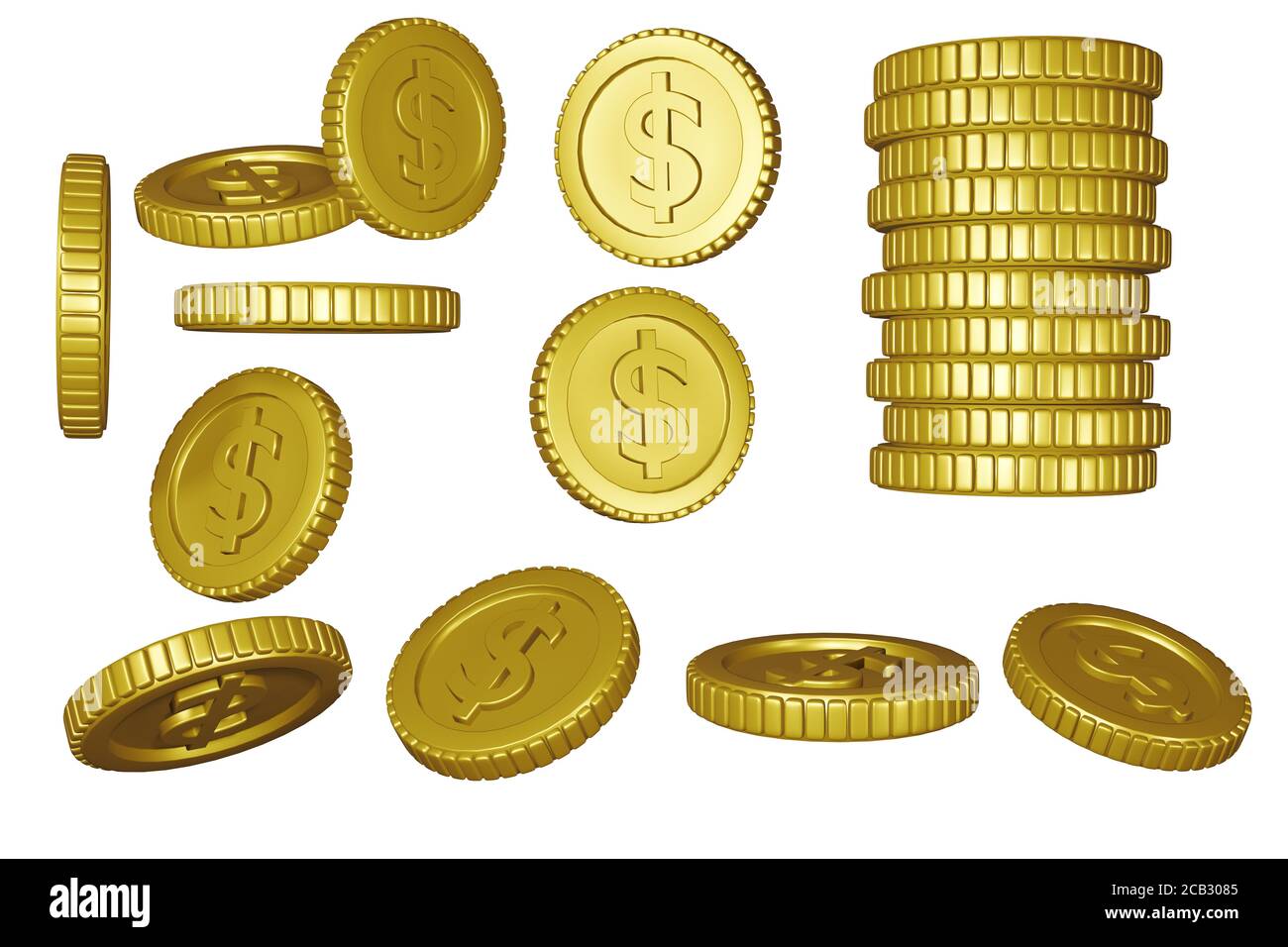 Satz von Goldmünzen mit Dollar-Zeichen isoliert auf einem weißen Hintergrund. 3d-Rendering. Stockfoto