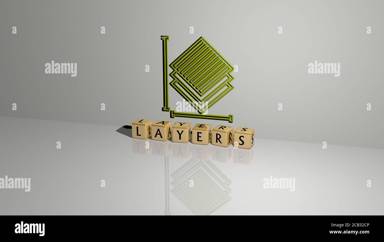 LAYERS Text von Würfeln Buchstaben auf dem Boden und 3D-Symbol an der Wand. 3D-Illustration. Hintergrund und Abstract Stockfoto