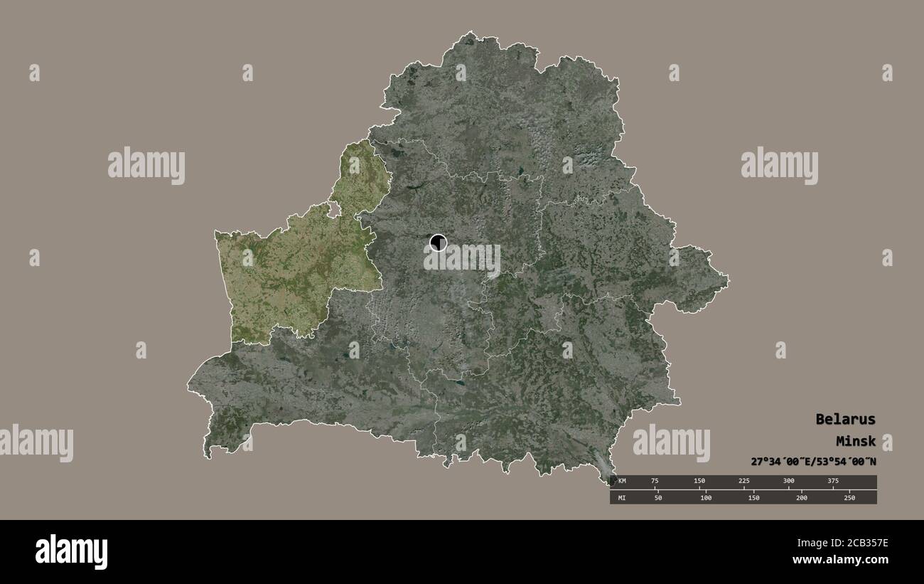 Die entsättigte Form Weißrussland mit seiner Hauptstadt, der wichtigsten regionalen Teilung und dem abgetrennten Gebiet Hrodna. Beschriftungen. Satellitenbilder. 3D-Rendering Stockfoto