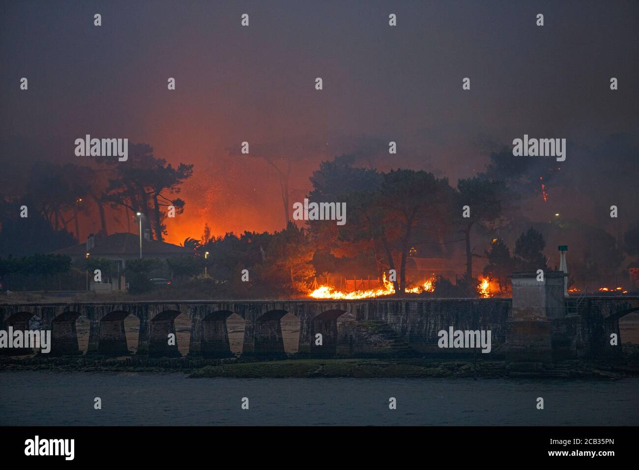 Waldstiftung Chiberta am 2020. Juli, 30. Die Brandstiftung verwüstete 165 Hektar Wald und verbrannte 11 Häuser im Herzen von Anglet. Lauffeuer. Blaze. Stockfoto