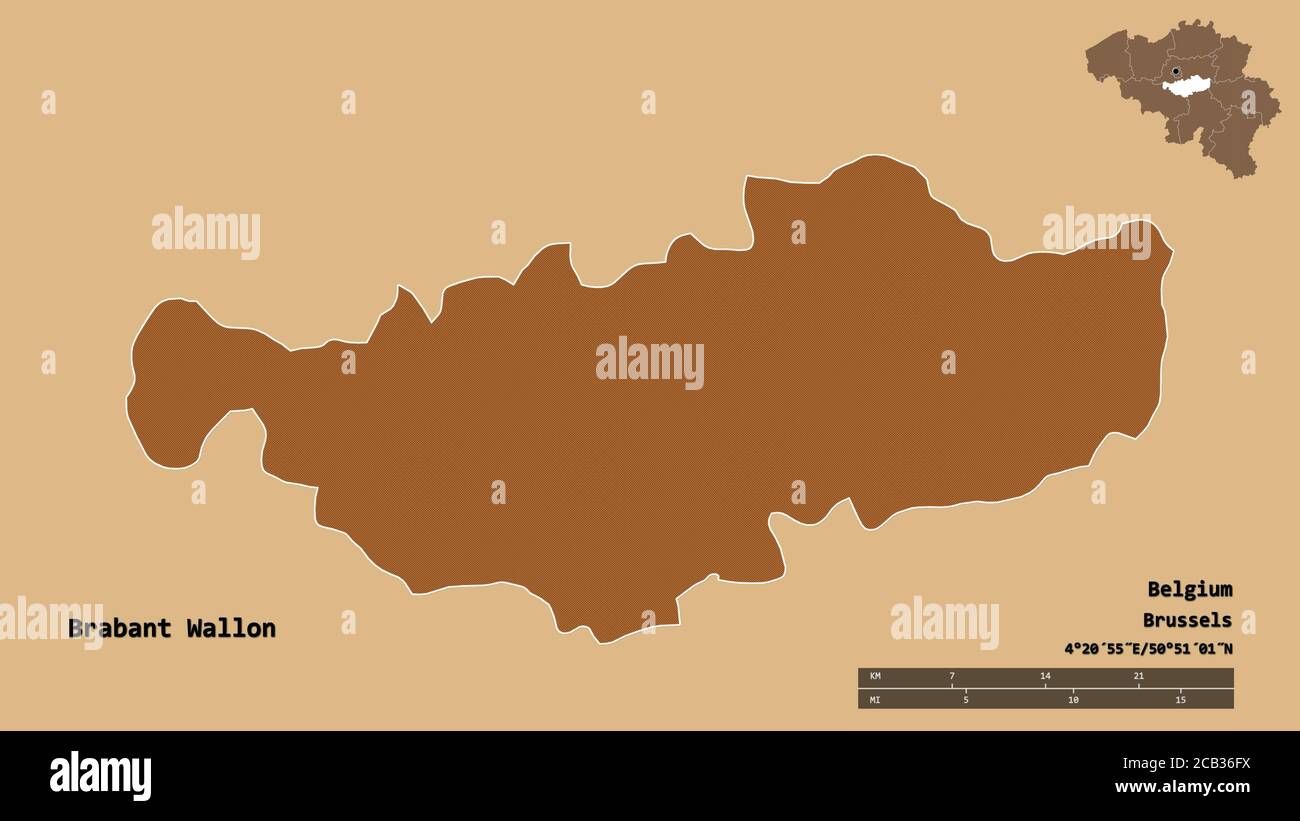 Form von Brabant Wallon, Provinz Belgien, mit seiner Hauptstadt auf festem Hintergrund isoliert. Entfernungsskala, Regionenvorschau und Beschriftungen. Zusammensetzung von Stockfoto