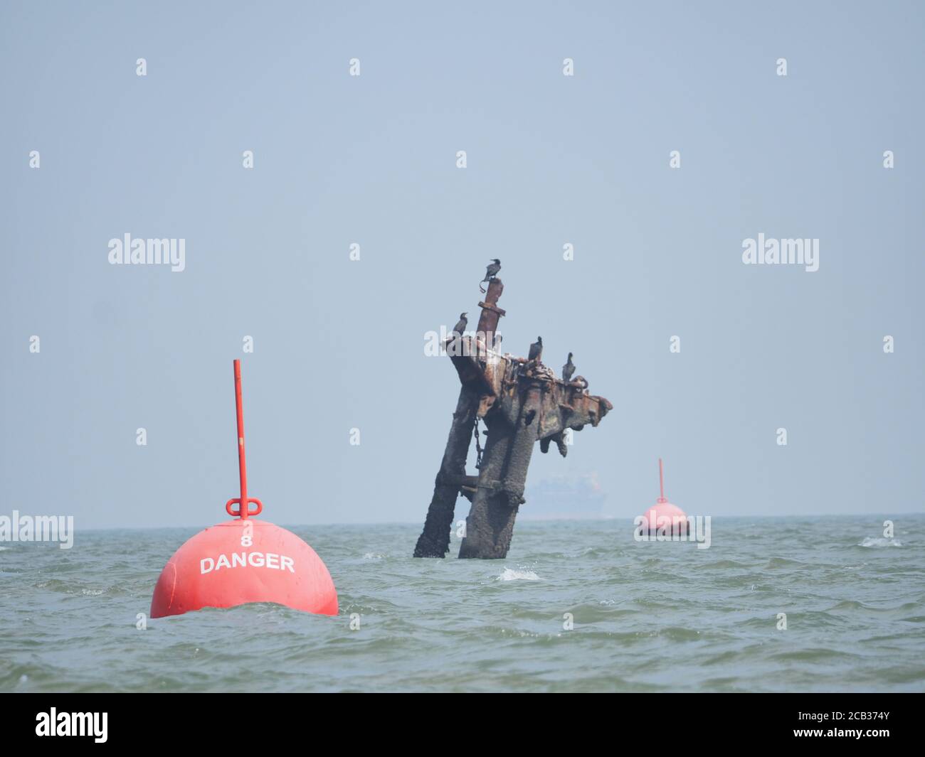 Sheerness, Kent, Großbritannien. August 2020. Nach der Katastrophe von Beirut haben sich viele gefragt, ob in Großbritannien etwas Ähnliches passieren könnte. Das 75 Jahre alte Wrack der SS Richard Montgomery liegt in der Themse 1.5 Meilen nördlich von Sheerness und wird geschätzt, mit 1,400 Tonnen TNT an Bord versenkt zu haben, die aufeinanderfolgende Regierungen im Allgemeinen dem Schicksal überlassen haben. Experten glauben, dass das Wrack bei einem Sturm oder einer Kollision mit einem Schiff mit potenziell tödlichen Folgen aufbrechen könnte. Das Wrack, das heute Mittag von einem Boot aus bei Ebbe abgebildet ist. Kredit: James Bell/Alamy Live Nachrichten Stockfoto