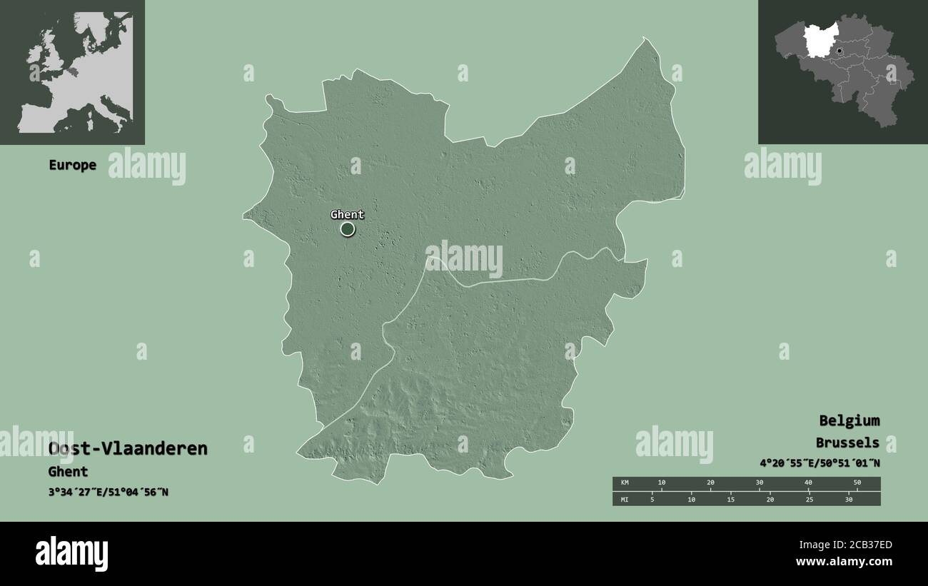 Form von Oost-Vlaanderen, Provinz Belgien, und seine Hauptstadt. Entfernungsskala, Vorschauen und Beschriftungen. Farbige Höhenkarte. 3D-Rendering Stockfoto