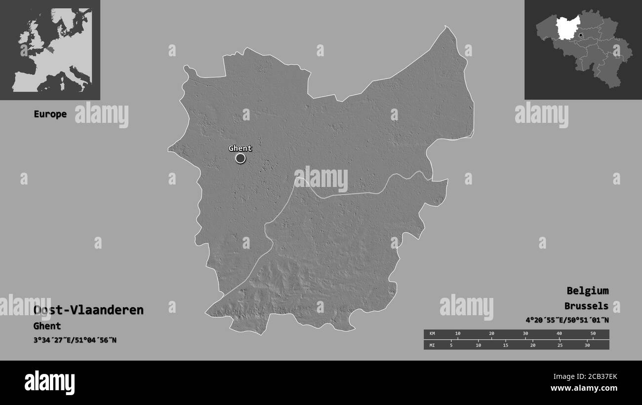 Form von Oost-Vlaanderen, Provinz Belgien, und seine Hauptstadt. Entfernungsskala, Vorschauen und Beschriftungen. Höhenkarte mit zwei Ebenen. 3D-Rendering Stockfoto