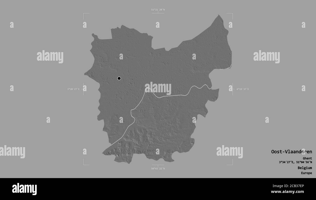 Gebiet von Oost-Vlaanderen, Provinz Belgien, isoliert auf einem soliden Hintergrund in einem georeferenzierten Begrenzungsrahmen. Beschriftungen. Höhenkarte mit zwei Ebenen. 3D-Rendering Stockfoto