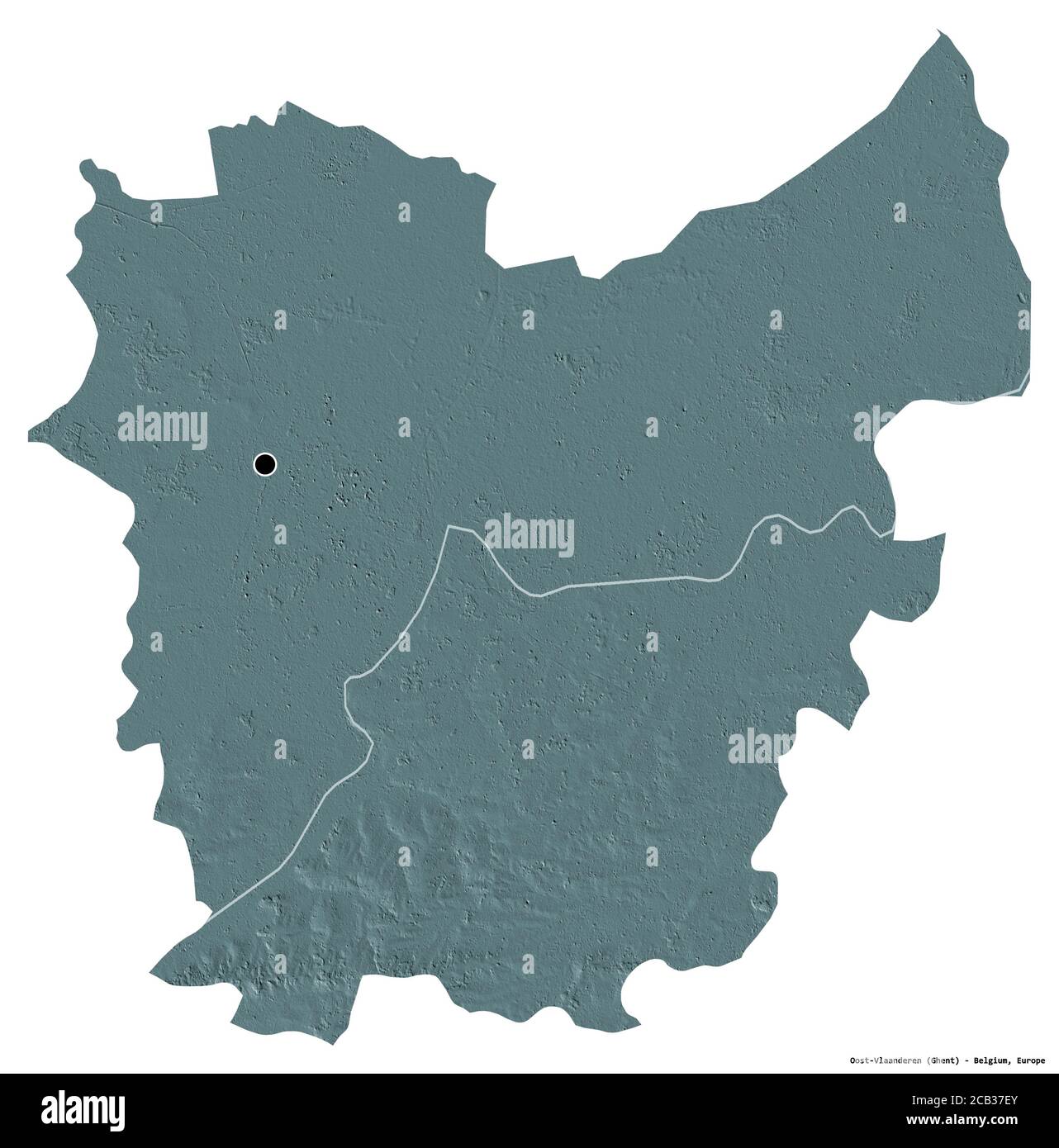 Form von Oost-Vlaanderen, Provinz Belgien, mit seiner Hauptstadt isoliert auf weißem Hintergrund. Farbige Höhenkarte. 3D-Rendering Stockfoto