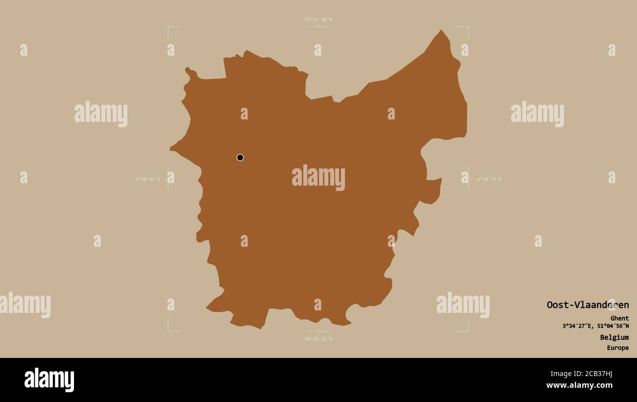 Gebiet von Oost-Vlaanderen, Provinz Belgien, isoliert auf einem soliden Hintergrund in einem georeferenzierten Begrenzungsrahmen. Beschriftungen. Komposition von gemusterter Textur Stockfoto