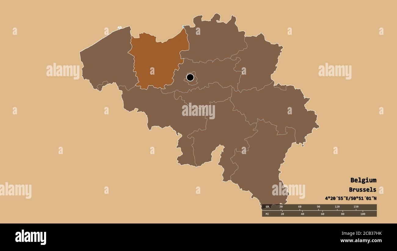 Entsättigte Form Belgiens mit seiner Hauptstadt, Hauptregionalteilung und dem abgetrennten Oost-Vlaanderen-Gebiet. Beschriftungen. Komposition von gemusterter Textur Stockfoto