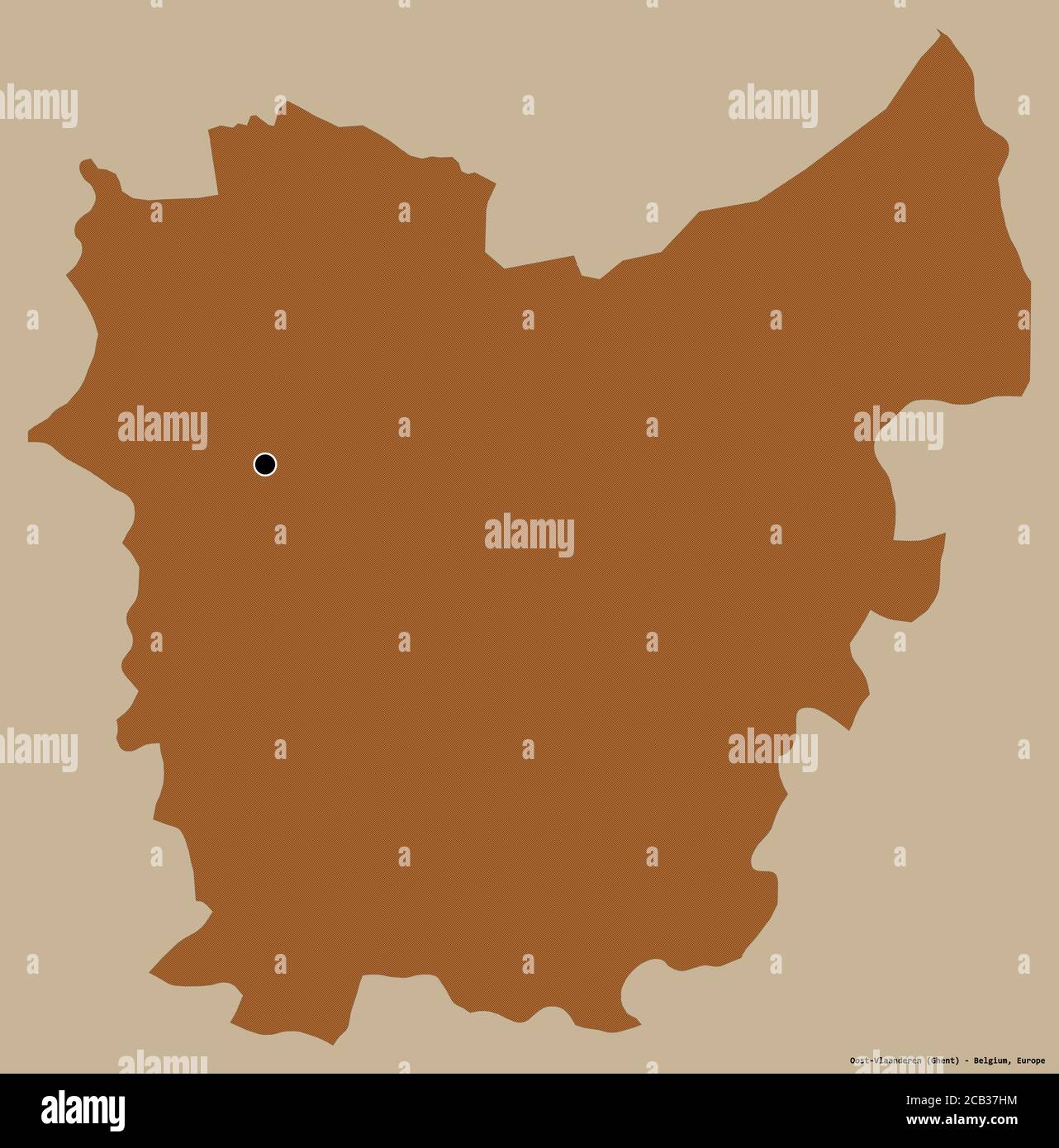 Form von Oost-Vlaanderen, Provinz Belgien, mit seiner Hauptstadt isoliert auf einem einfarbigen Hintergrund. Komposition von gemusterten Texturen. 3D-Rendering Stockfoto