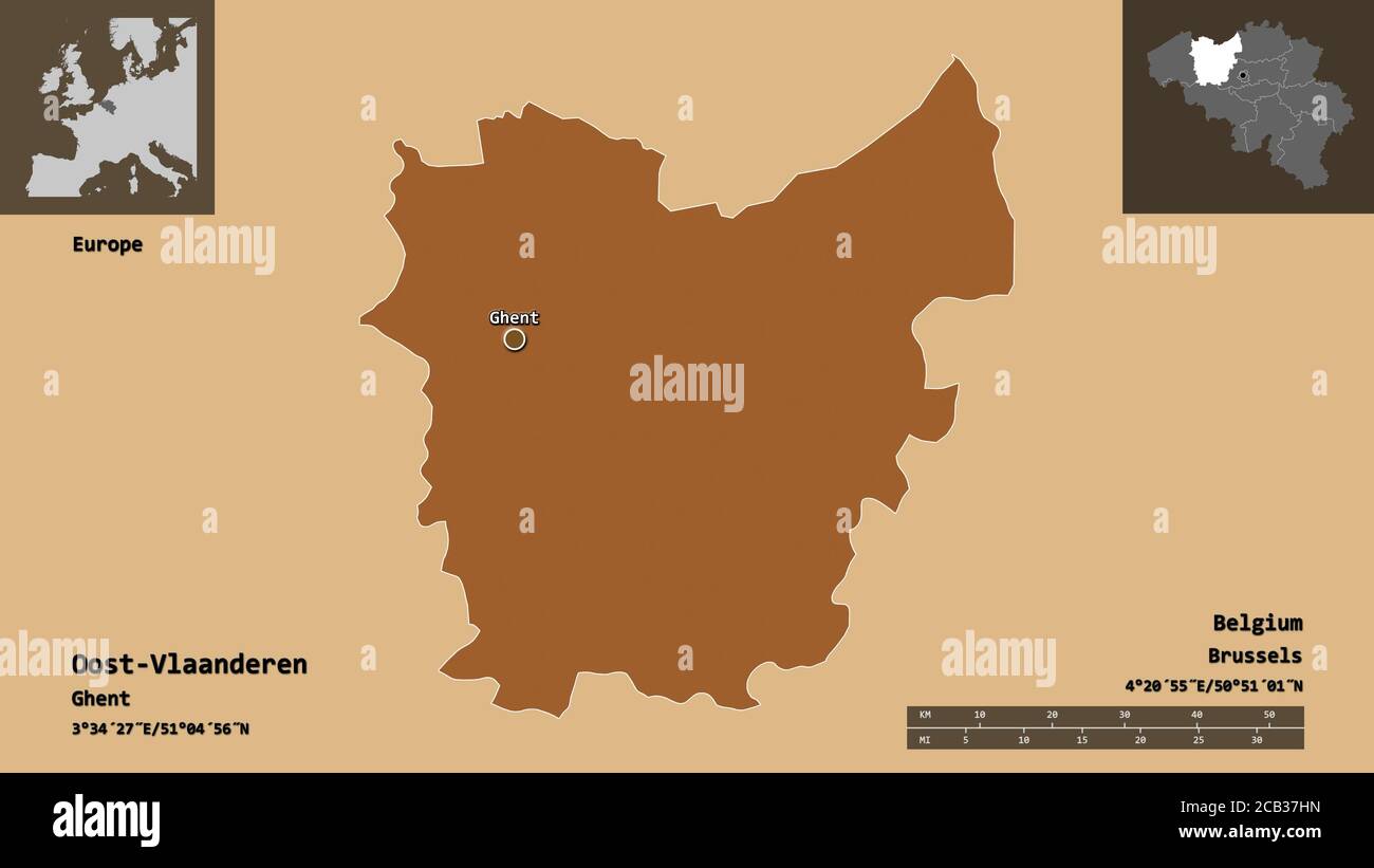 Form von Oost-Vlaanderen, Provinz Belgien, und seine Hauptstadt. Entfernungsskala, Vorschauen und Beschriftungen. Komposition von gemusterten Texturen. 3D-Rendering Stockfoto