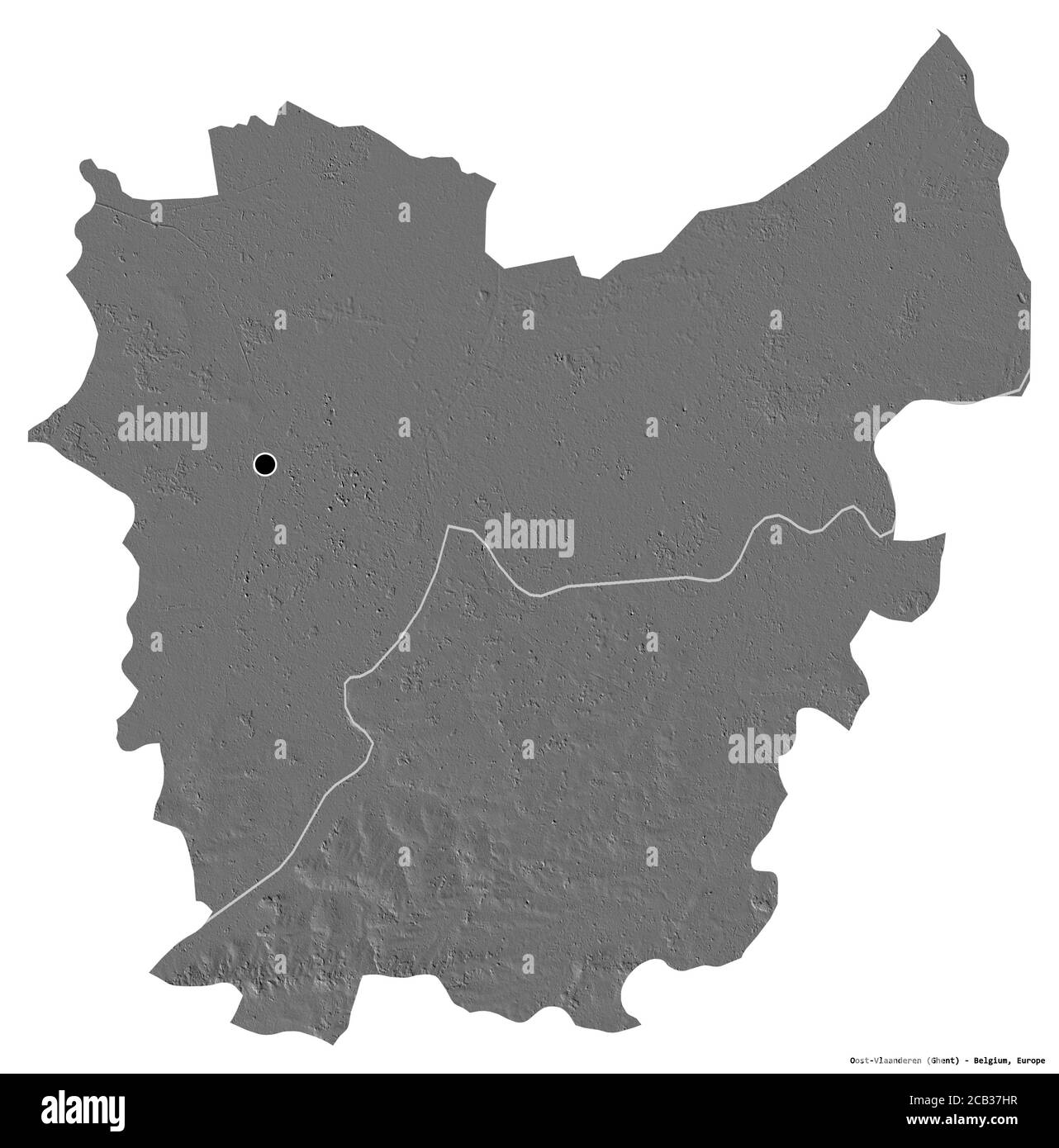 Form von Oost-Vlaanderen, Provinz Belgien, mit seiner Hauptstadt isoliert auf weißem Hintergrund. Höhenkarte mit zwei Ebenen. 3D-Rendering Stockfoto
