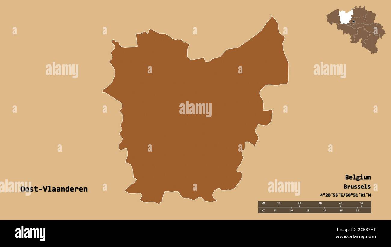 Form von Oost-Vlaanderen, Provinz Belgien, mit seiner Hauptstadt auf festem Hintergrund isoliert. Entfernungsskala, Regionenvorschau und Beschriftungen. Zusammensetzung o Stockfoto