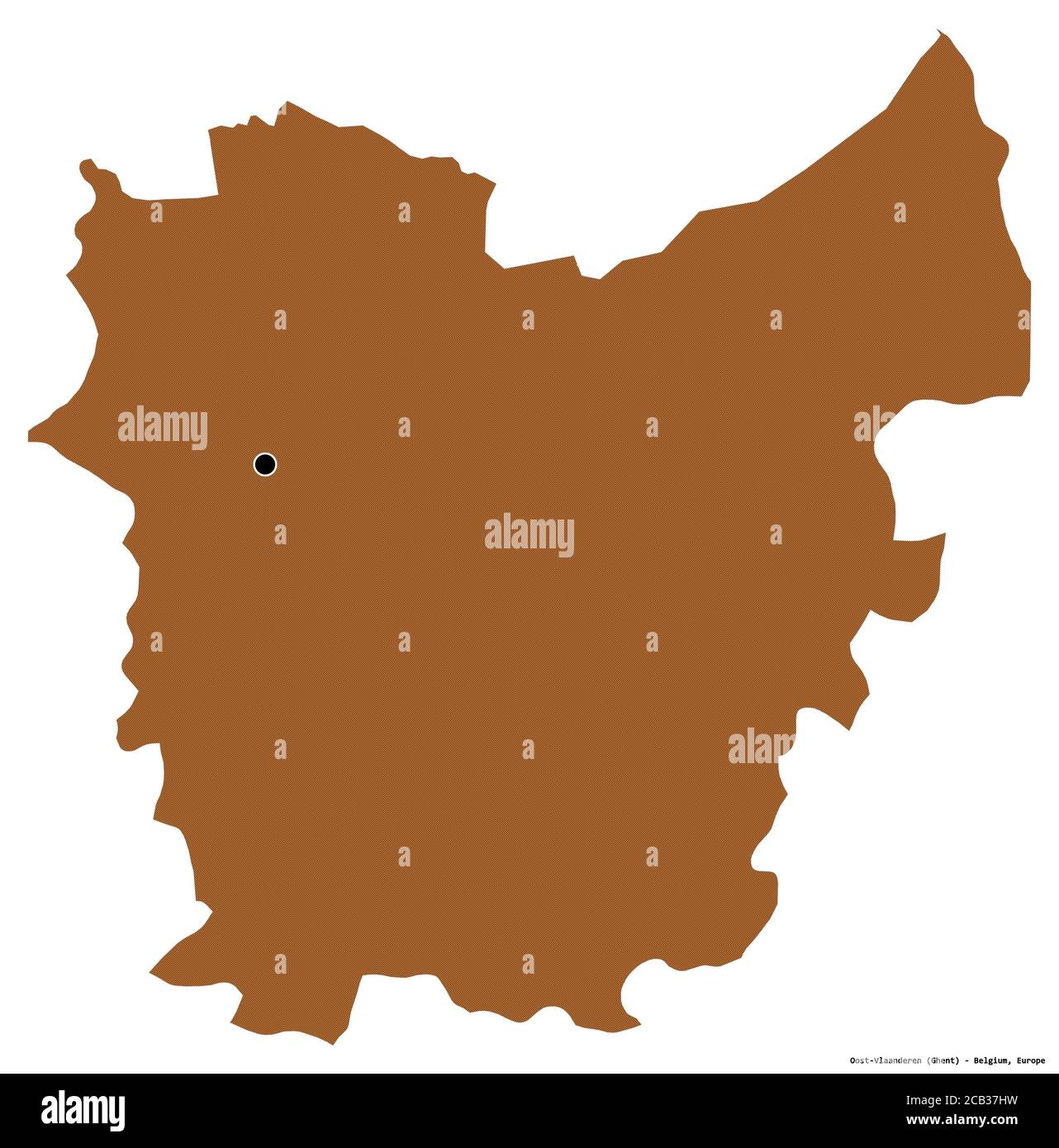 Form von Oost-Vlaanderen, Provinz Belgien, mit seiner Hauptstadt isoliert auf weißem Hintergrund. Komposition von gemusterten Texturen. 3D-Rendering Stockfoto