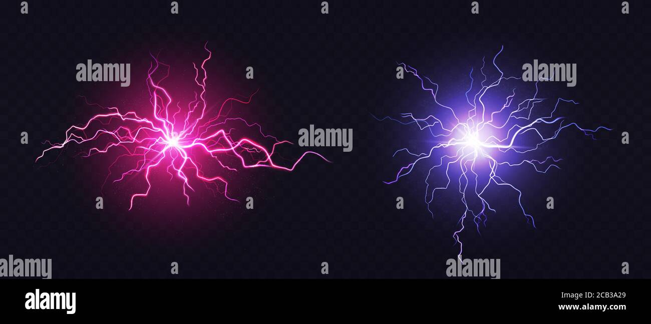 Blitzball, elektrischer Schlag. Vector realistische Satz von funkelenden blauen und rosa Blitze, elektrische Entladung von Gewitter isoliert auf dunklen transparenten Hintergrund Stock Vektor
