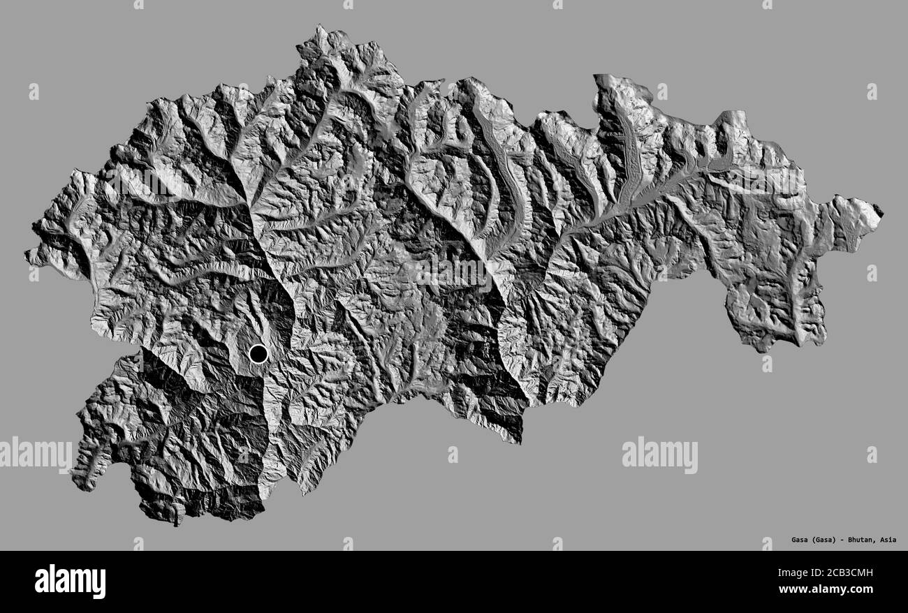 Form von Gasa, Bezirk von Bhutan, mit seiner Hauptstadt isoliert auf einem einfarbigen Hintergrund. Höhenkarte mit zwei Ebenen. 3D-Rendering Stockfoto