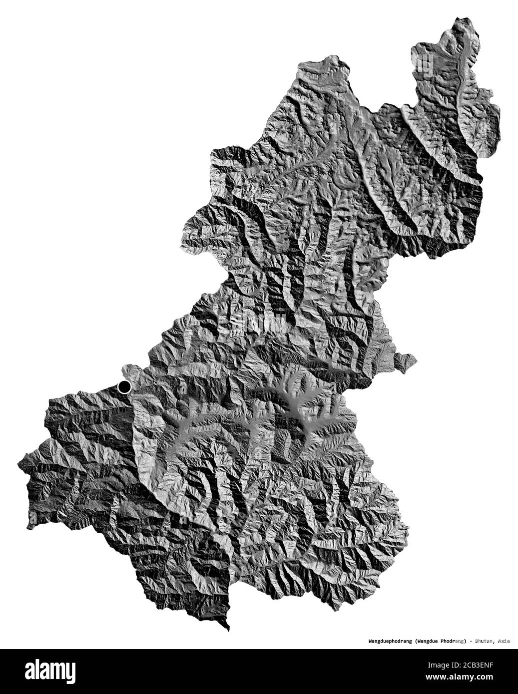 Form von Wangduephodrang, Bezirk von Bhutan, mit seiner Hauptstadt auf weißem Hintergrund isoliert. Höhenkarte mit zwei Ebenen. 3D-Rendering Stockfoto