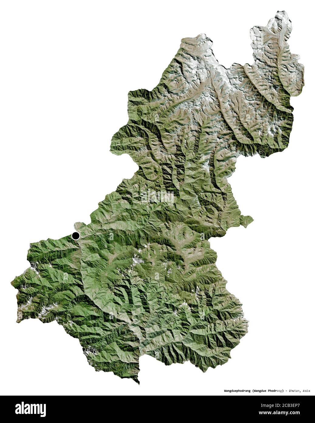 Form von Wangduephodrang, Bezirk von Bhutan, mit seiner Hauptstadt auf weißem Hintergrund isoliert. Satellitenbilder. 3D-Rendering Stockfoto