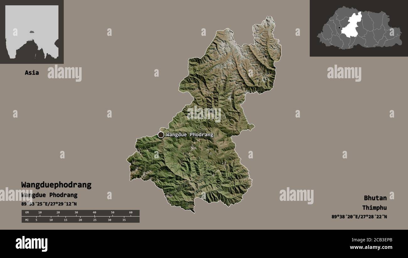 Form von Wangduephodrang, Bezirk von Bhutan, und seine Hauptstadt. Entfernungsskala, Vorschauen und Beschriftungen. Satellitenbilder. 3D-Rendering Stockfoto