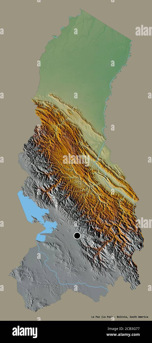 Form von La Paz, Department of Bolivia, mit seiner Hauptstadt isoliert auf einem einfarbigen Hintergrund. Topografische Reliefkarte. 3D-Rendering Stockfoto