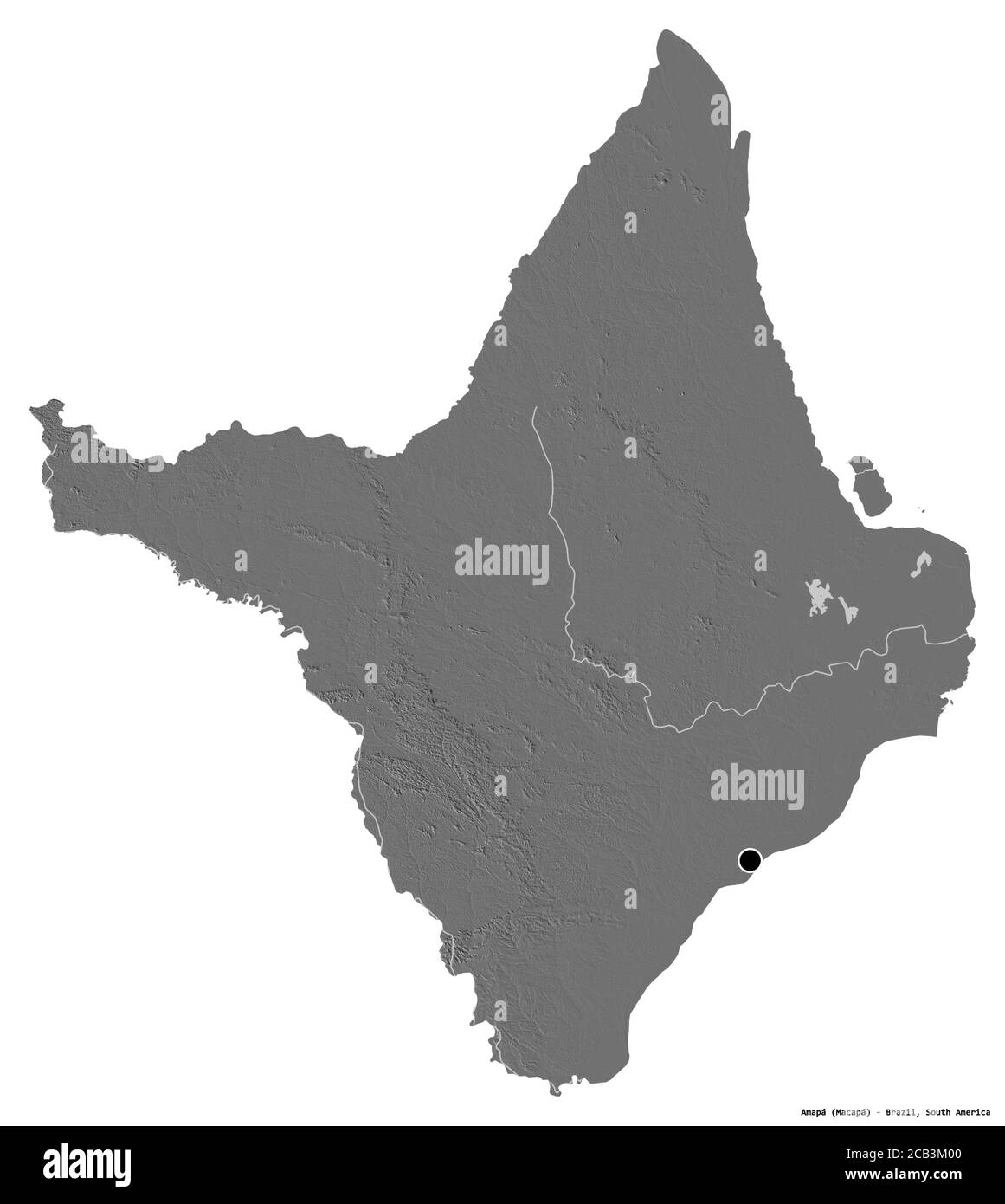Form von Amapá, Bundesstaat Brasilien, mit seiner Hauptstadt isoliert auf weißem Hintergrund. Höhenkarte mit zwei Ebenen. 3D-Rendering Stockfoto
