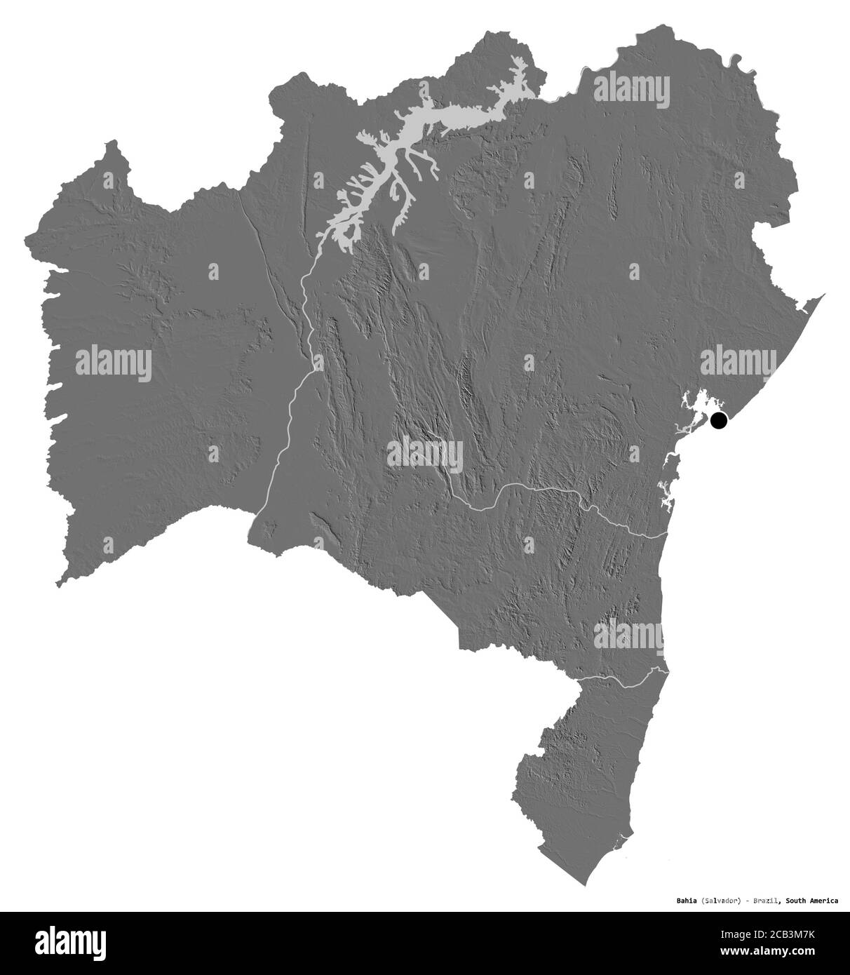 Form von Bahia, Bundesstaat Brasilien, mit seiner Hauptstadt isoliert auf weißem Hintergrund. Höhenkarte mit zwei Ebenen. 3D-Rendering Stockfoto