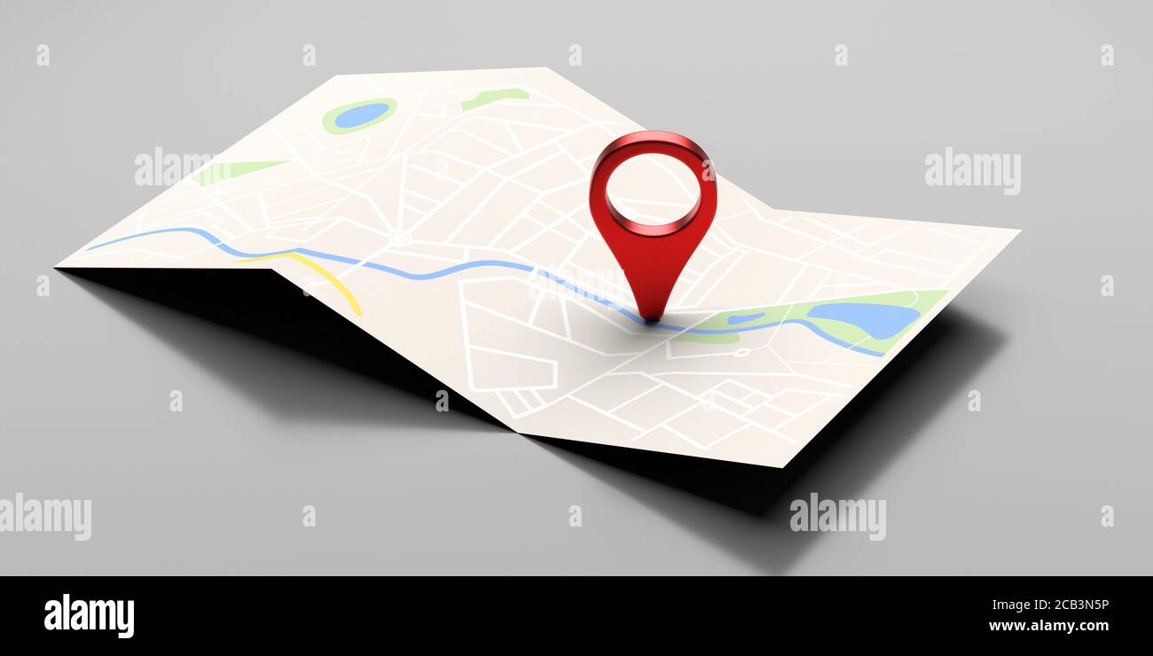 Karte und Pin Pointer Position, Reise und Navigation GPS-Planungskonzept. Papierkarte mit Schatten auf grauem Hintergrund. 3d-Illustration Stockfoto