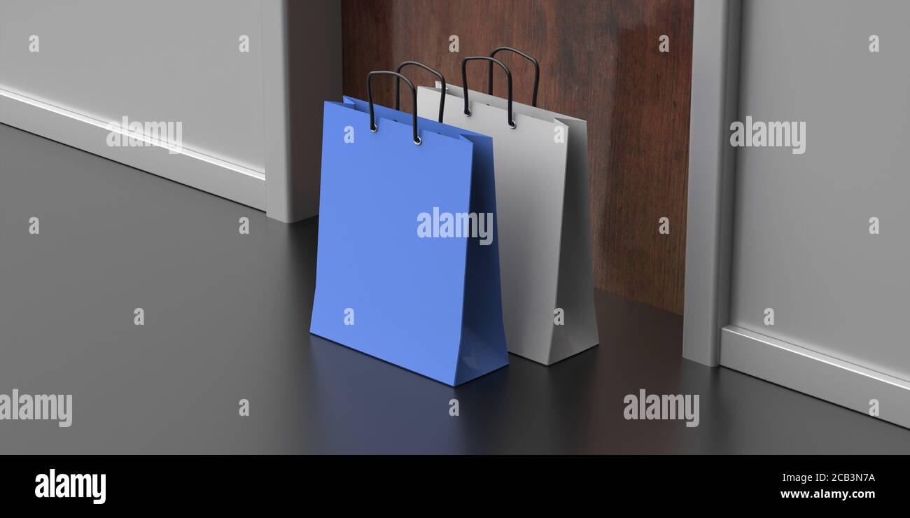 Einkaufstaschen vor der Haustür, online bestellen kontaktloses Lieferkonzept. Papiertüten an der Eingangstür der Wohnung, Blick aus der Nähe. 3d-Illustration Stockfoto