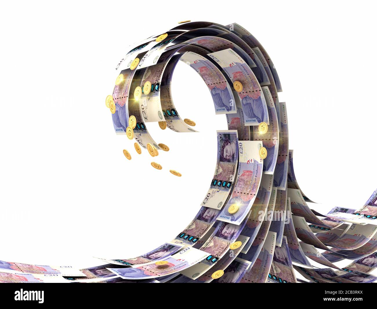Britische Pfund Geldwelle isoliert auf weiß Stockfoto