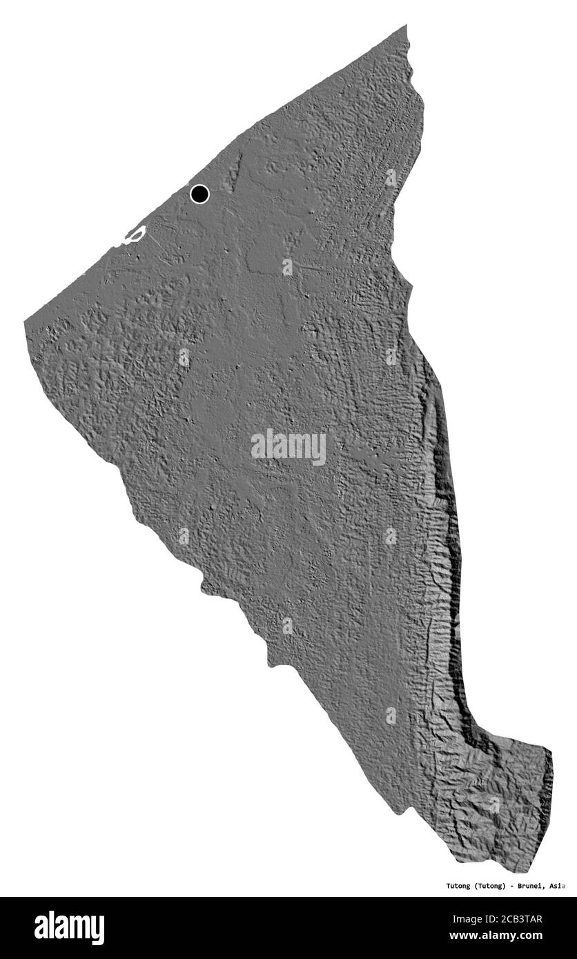 Form von Tutong, Bezirk Brunei, mit seiner Hauptstadt isoliert auf weißem Hintergrund. Höhenkarte mit zwei Ebenen. 3D-Rendering Stockfoto