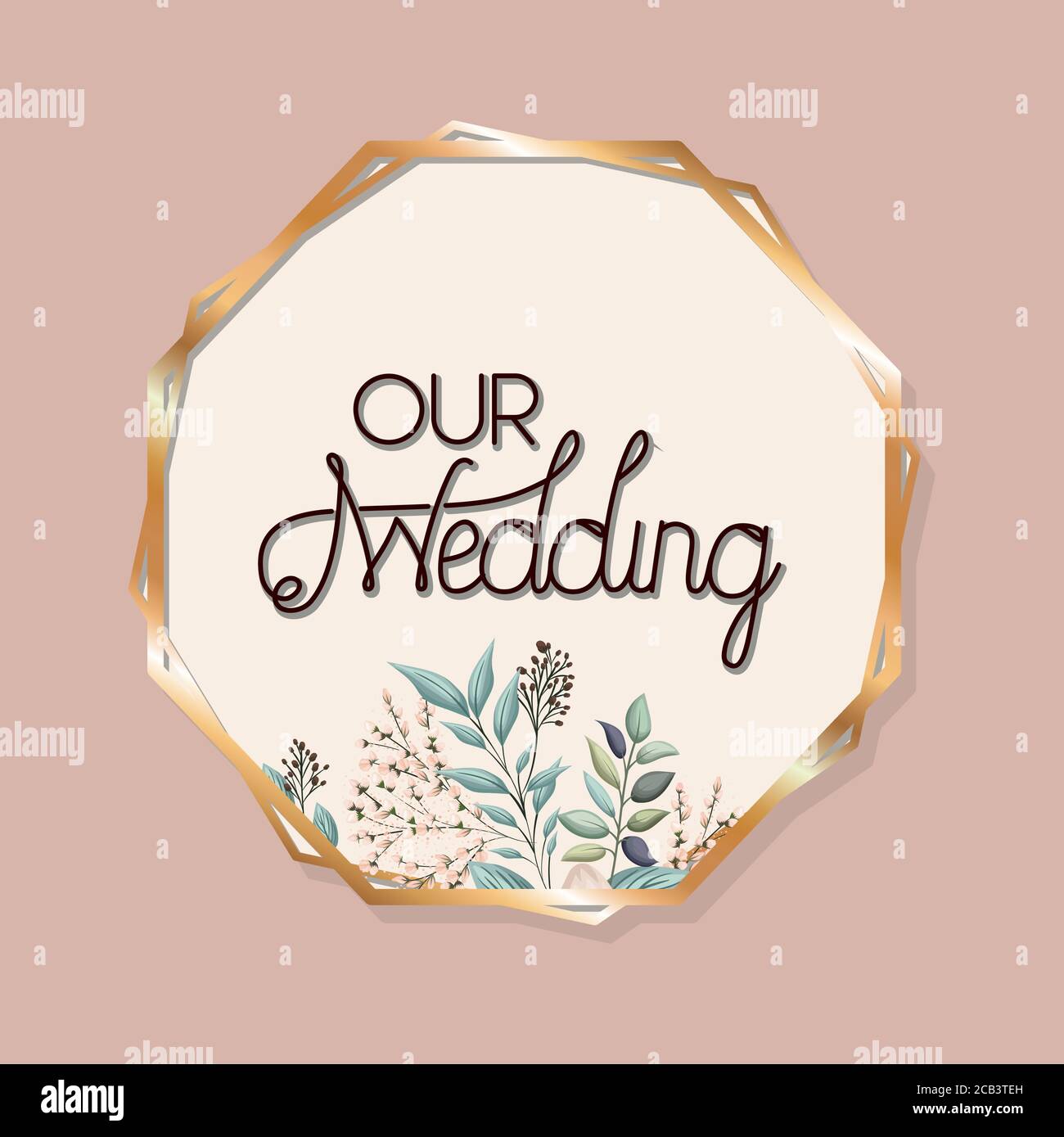 Unsere Hochzeit Text in Gold Kreis mit Blättern Design, Hochzeit