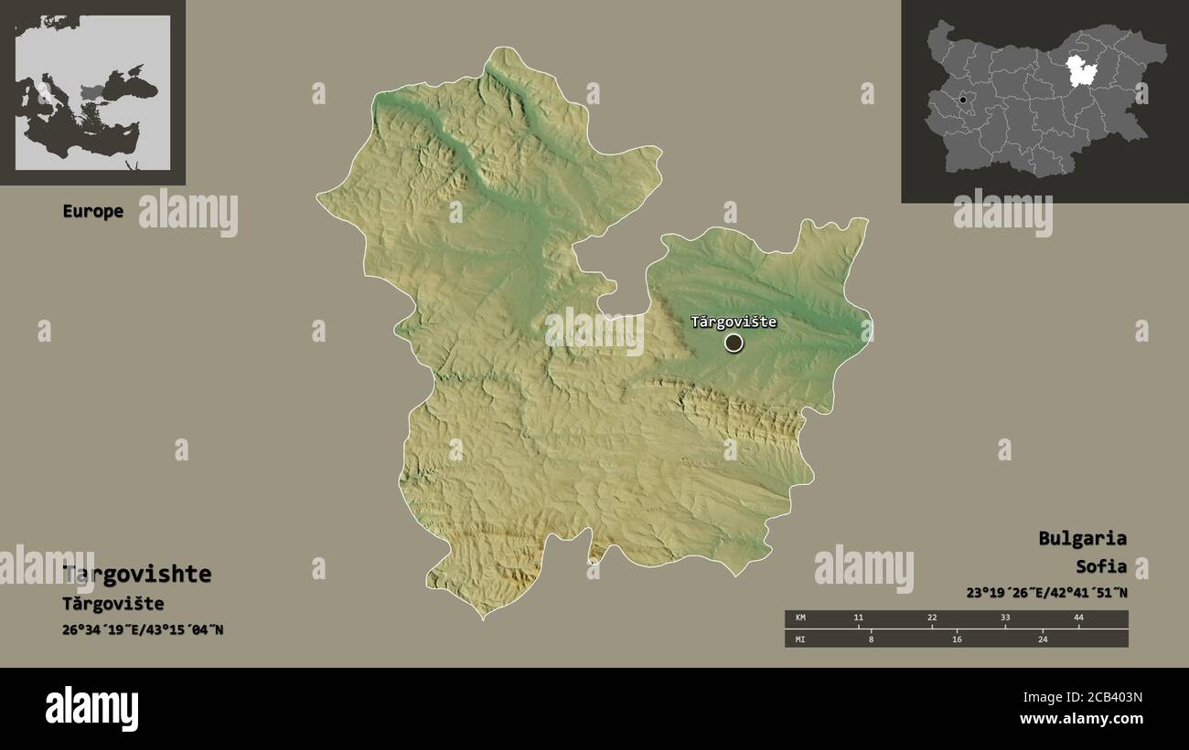 Form von Targovishte, Provinz Bulgarien, und seine Hauptstadt. Entfernungsskala, Vorschauen und Beschriftungen. Topografische Reliefkarte. 3D-Rendering Stockfoto