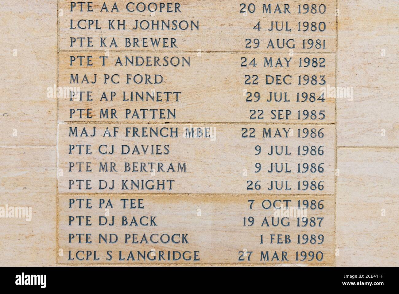Gedenkstätte zu Ehren der 78 Soldaten des Royal Anglian Regiment, die seit 1959 ihr Leben verloren haben, Imperial war Museum, Duxford. Geschnitzte Namen Stockfoto
