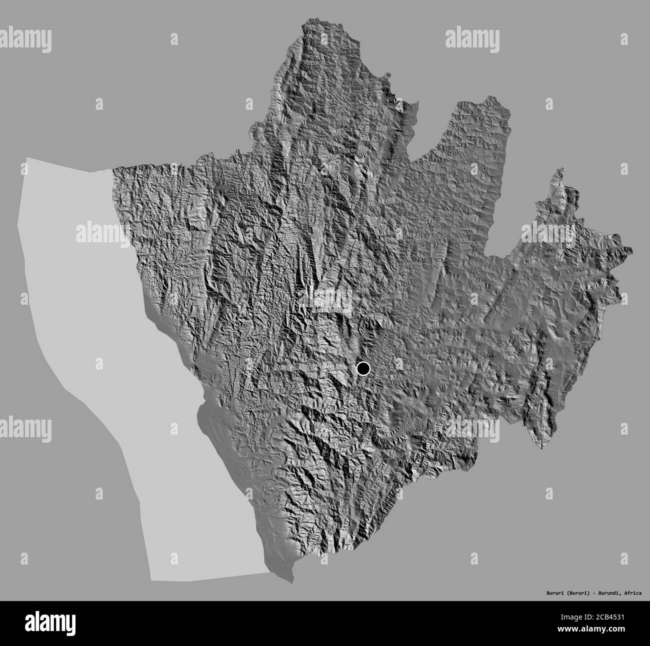 Form von Bururi, Provinz Burundi, mit seiner Hauptstadt isoliert auf einem einfarbigen Hintergrund. Höhenkarte mit zwei Ebenen. 3D-Rendering Stockfoto