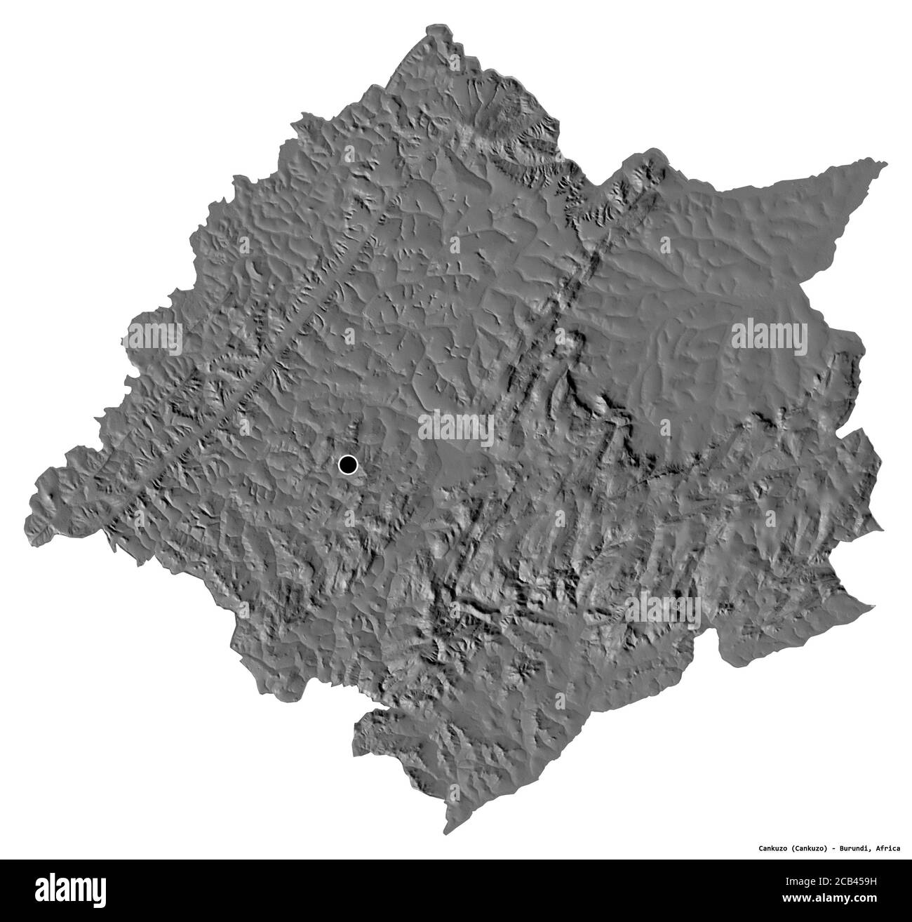 Form von Cankuzo, Provinz Burundi, mit seiner Hauptstadt isoliert auf weißem Hintergrund. Höhenkarte mit zwei Ebenen. 3D-Rendering Stockfoto