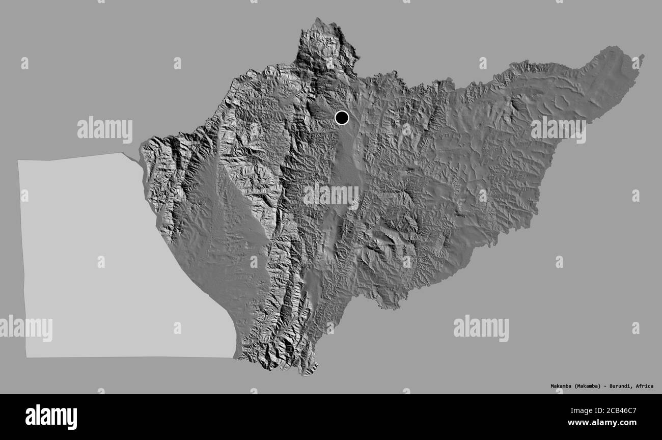 Form von Makamba, Provinz Burundi, mit seiner Hauptstadt isoliert auf einem einfarbigen Hintergrund. Höhenkarte mit zwei Ebenen. 3D-Rendering Stockfoto