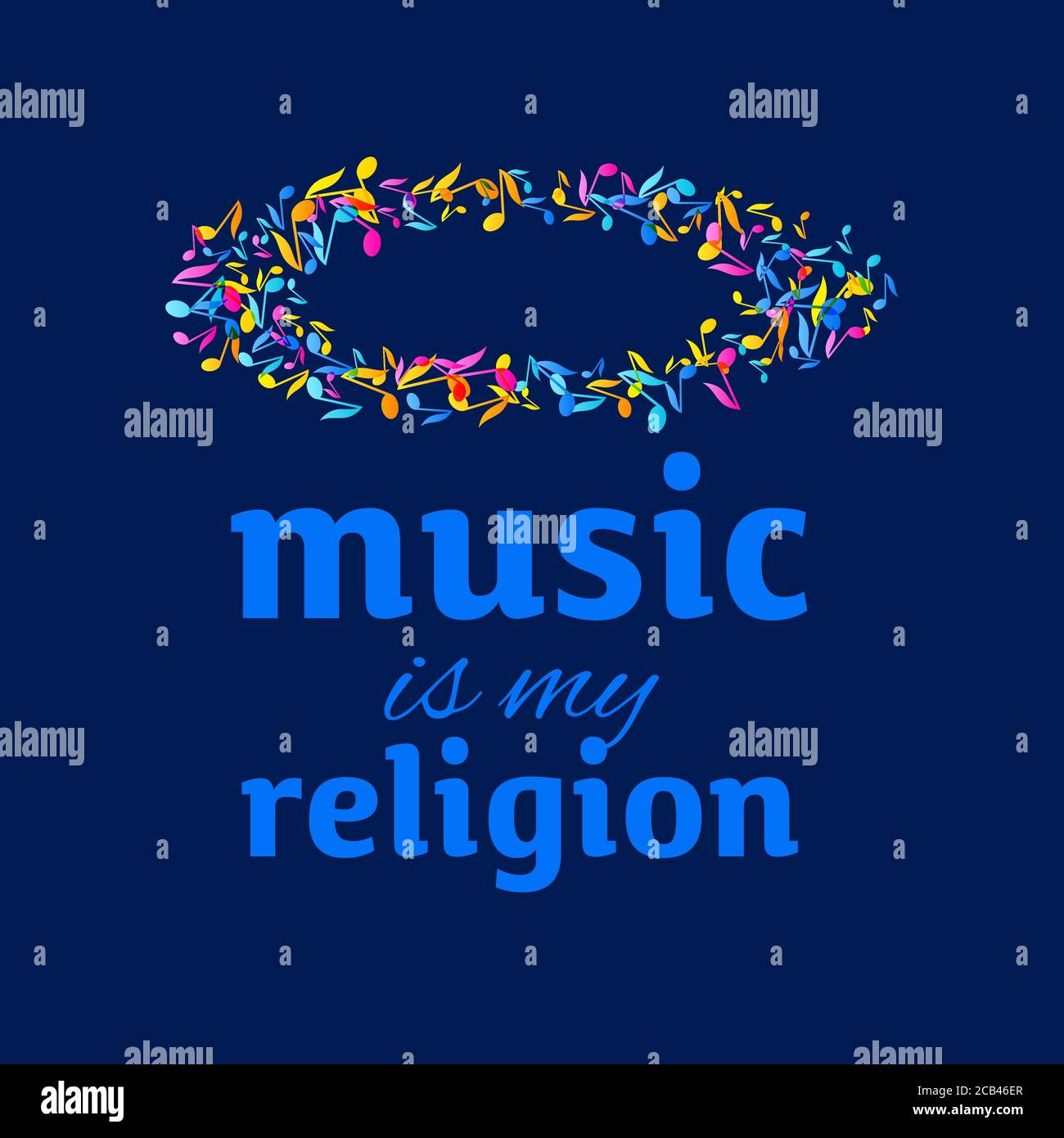 Bunte Musik Event Fest Notizen Hintergrund. Zufällige farbige Musik Festival Poster Design Vorlage. Mehrfarbige Noten auf dunkelblauem Hintergrund Stock Vektor