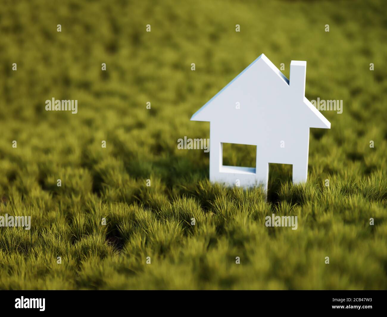 Weißes Heimsymbol auf grünem Grasfeld. 3d-Rendering-Illustration Stockfoto