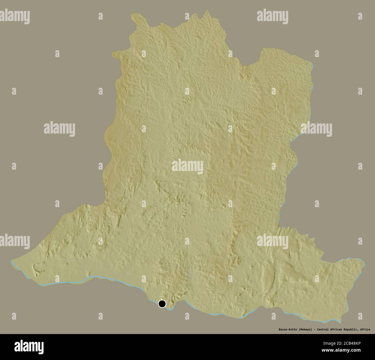 Form von Basse-Kotto, Präfektur der Zentralafrikanischen Republik, mit seiner Hauptstadt isoliert auf einem einfarbigen Hintergrund. Topografische Reliefkarte. 3D-Rendering Stockfoto