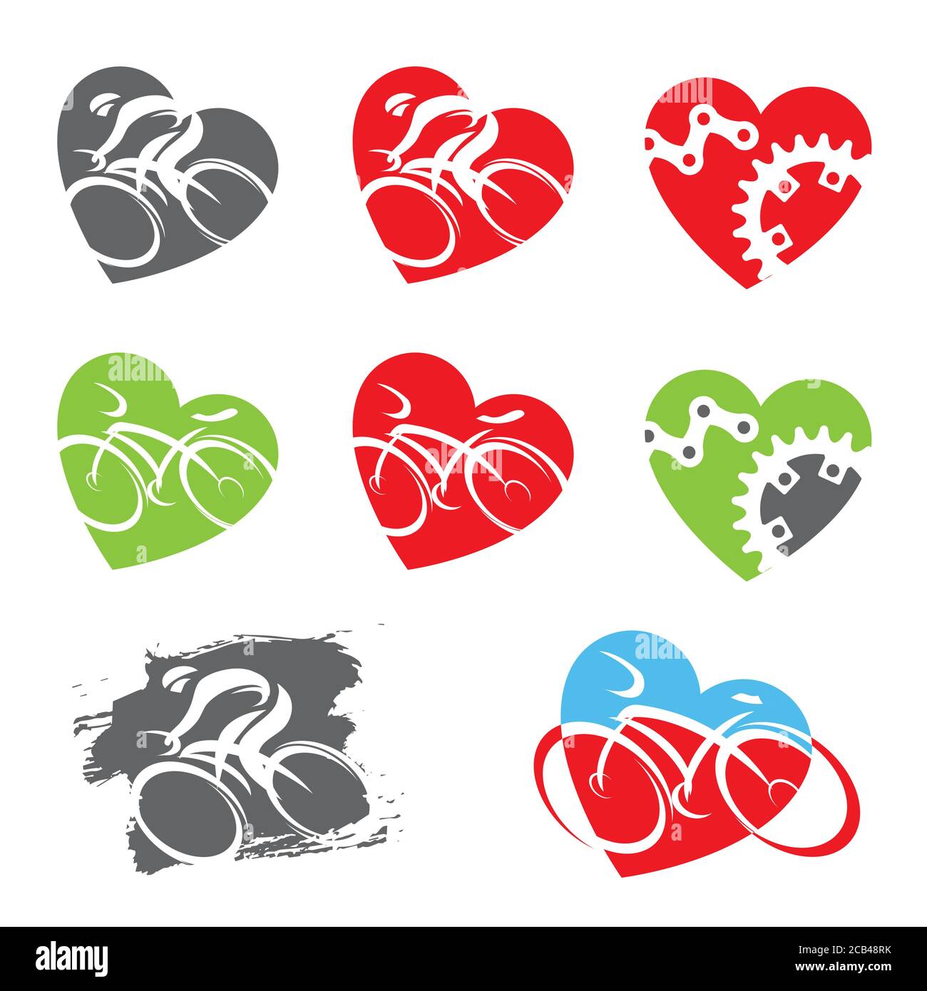 Radsport-Symbole in Herzform. Set von bunten Symbolen mit Radfahrern und Radsportelementen. Vektor verfügbar. Stock Vektor