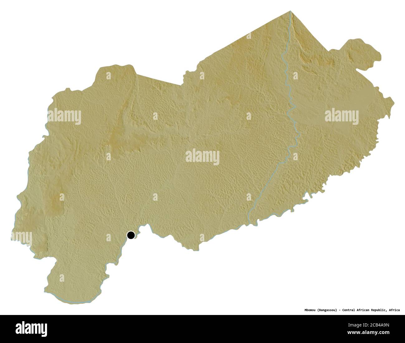 Form von Mbomou, Präfektur der Zentralafrikanischen Republik, mit seiner Hauptstadt isoliert auf weißem Hintergrund. Topografische Reliefkarte. 3D-Rendering Stockfoto