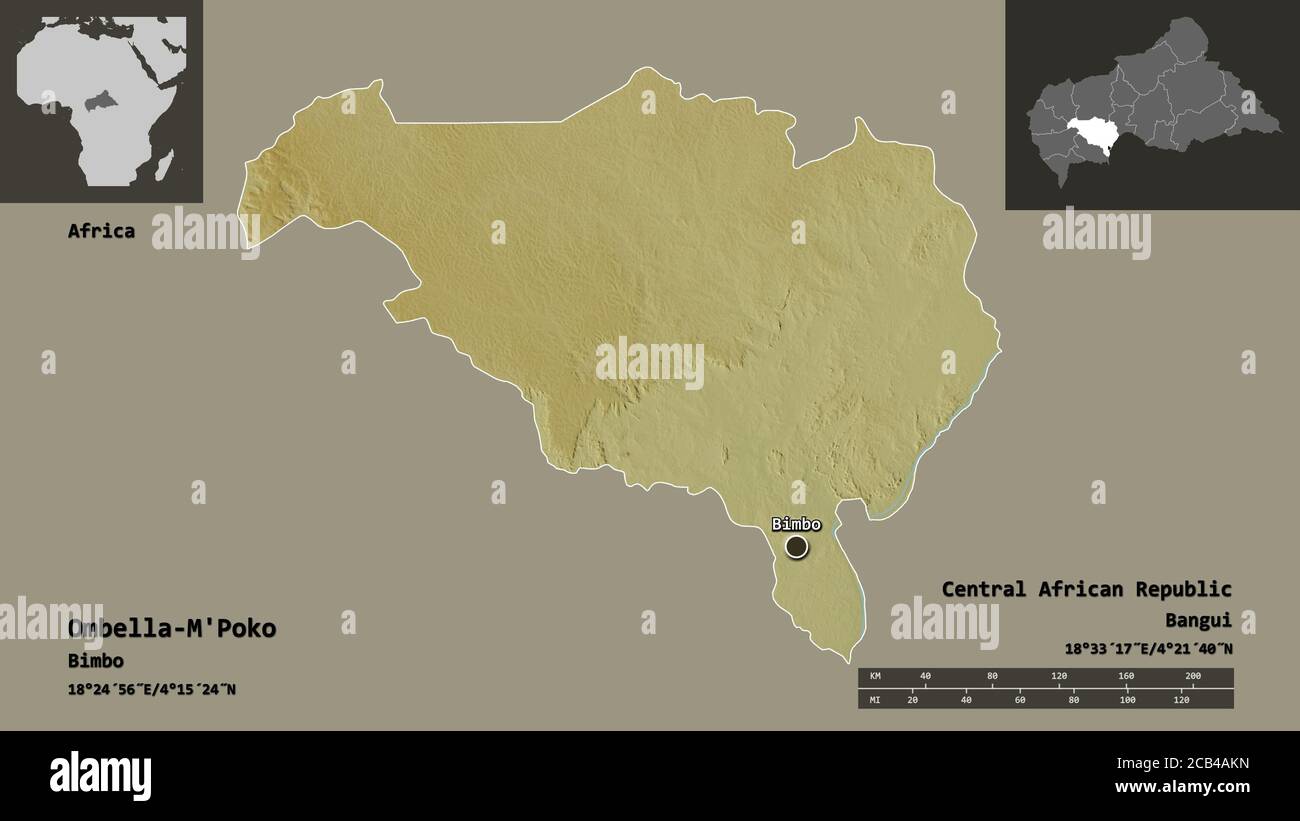 Form von Ombella-M'Poko, Präfektur der Zentralafrikanischen Republik, und seine Hauptstadt. Entfernungsskala, Vorschauen und Beschriftungen. Topografische Reliefkarte. 3D-Rend Stockfoto