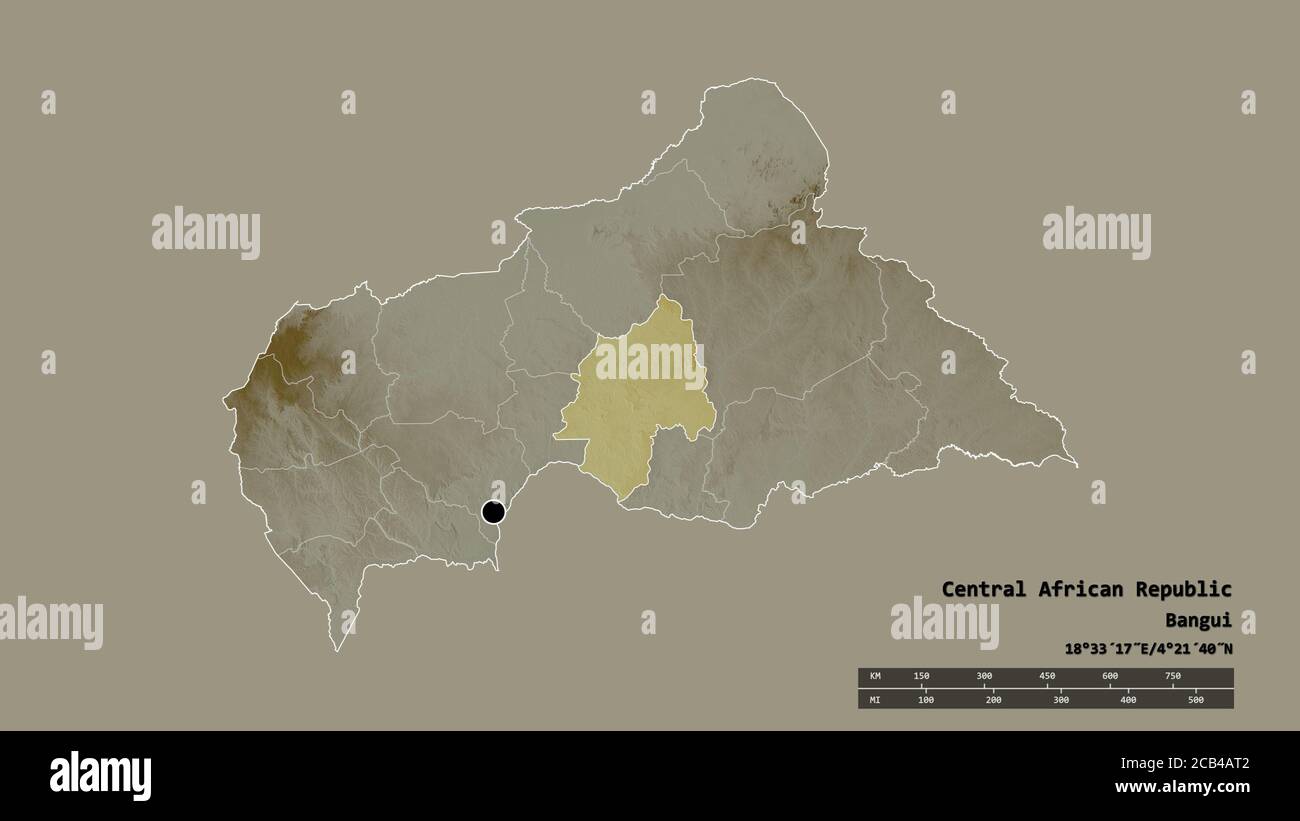 Entsättigte Form der Zentralafrikanischen Republik mit ihrer Hauptstadt, der Hauptregionalabteilung und dem abgetrennten Ouaka-Gebiet. Beschriftungen. Topografische Reliefkarte. 3 Stockfoto