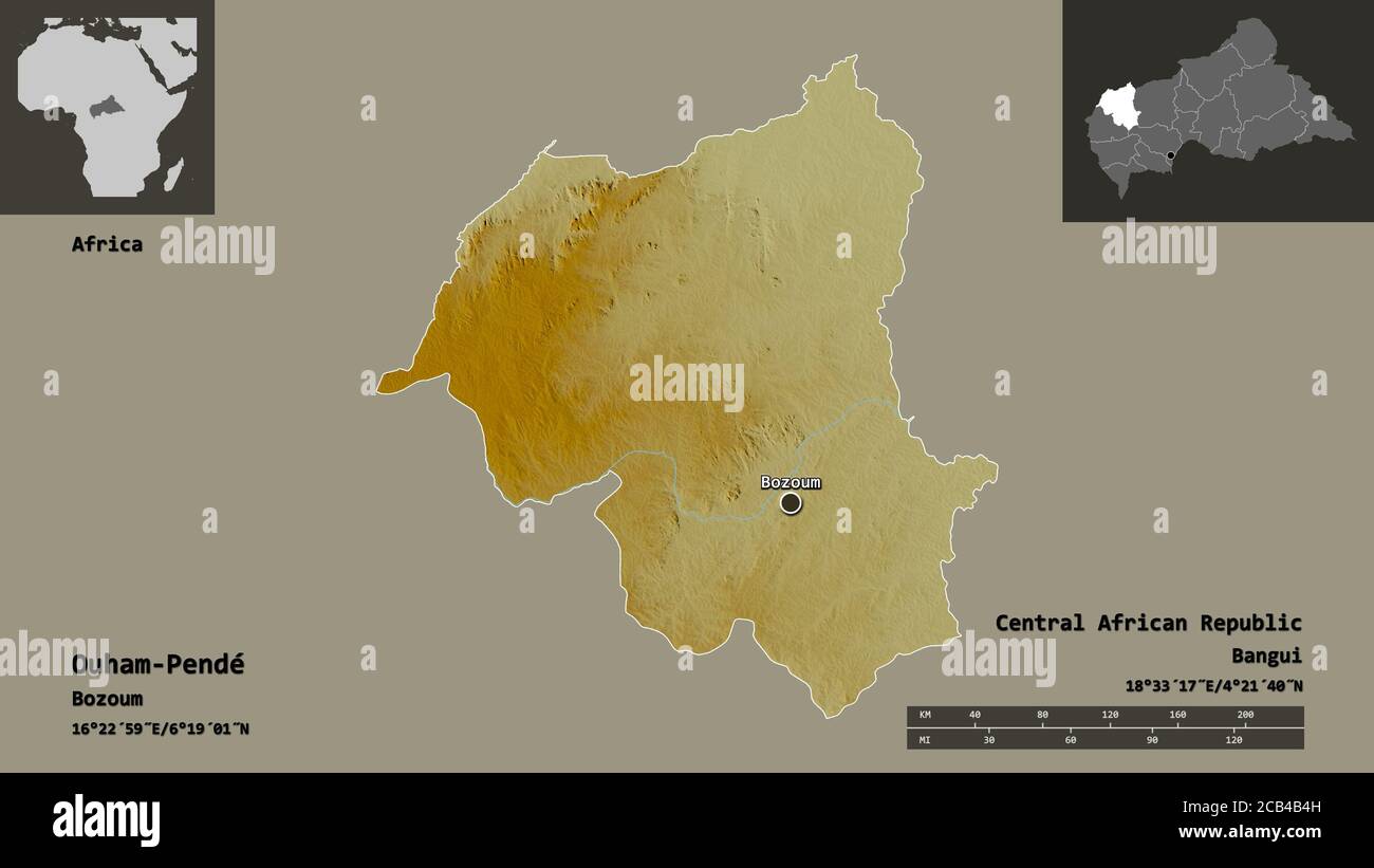 Form von Ouham-Pendé, Präfektur der Zentralafrikanischen Republik, und seine Hauptstadt. Entfernungsskala, Vorschauen und Beschriftungen. Topografische Reliefkarte. 3D-Renderi Stockfoto