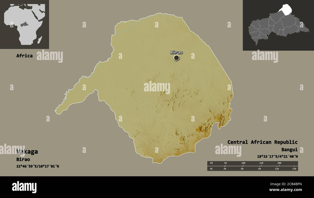 Form von Vakaga, Präfektur der Zentralafrikanischen Republik, und seine Hauptstadt. Entfernungsskala, Vorschauen und Beschriftungen. Topografische Reliefkarte. 3D-Rendering Stockfoto