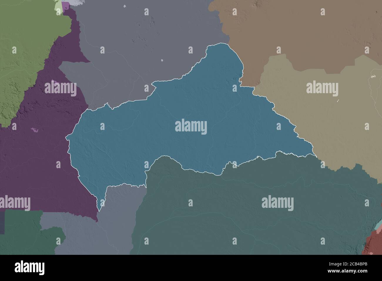 Ausgedehntes Gebiet der umrissenen Zentralafrikanischen Republik. Farbige Höhenkarte. 3D-Rendering Stockfoto