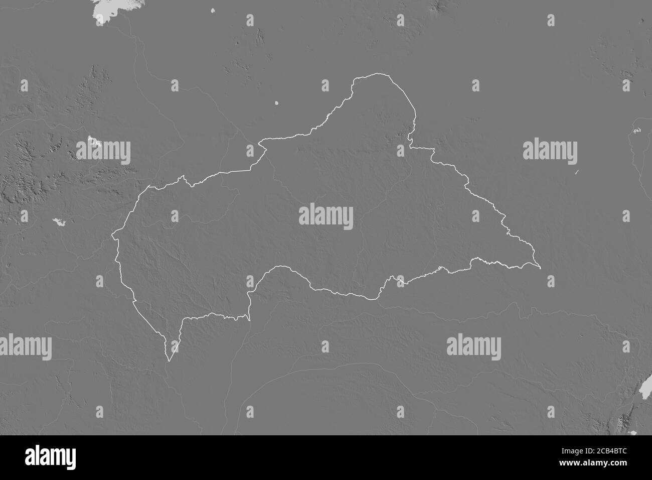 Ausgedehntes Gebiet der umrissenen Zentralafrikanischen Republik. Höhenkarte mit zwei Ebenen. 3D-Rendering Stockfoto