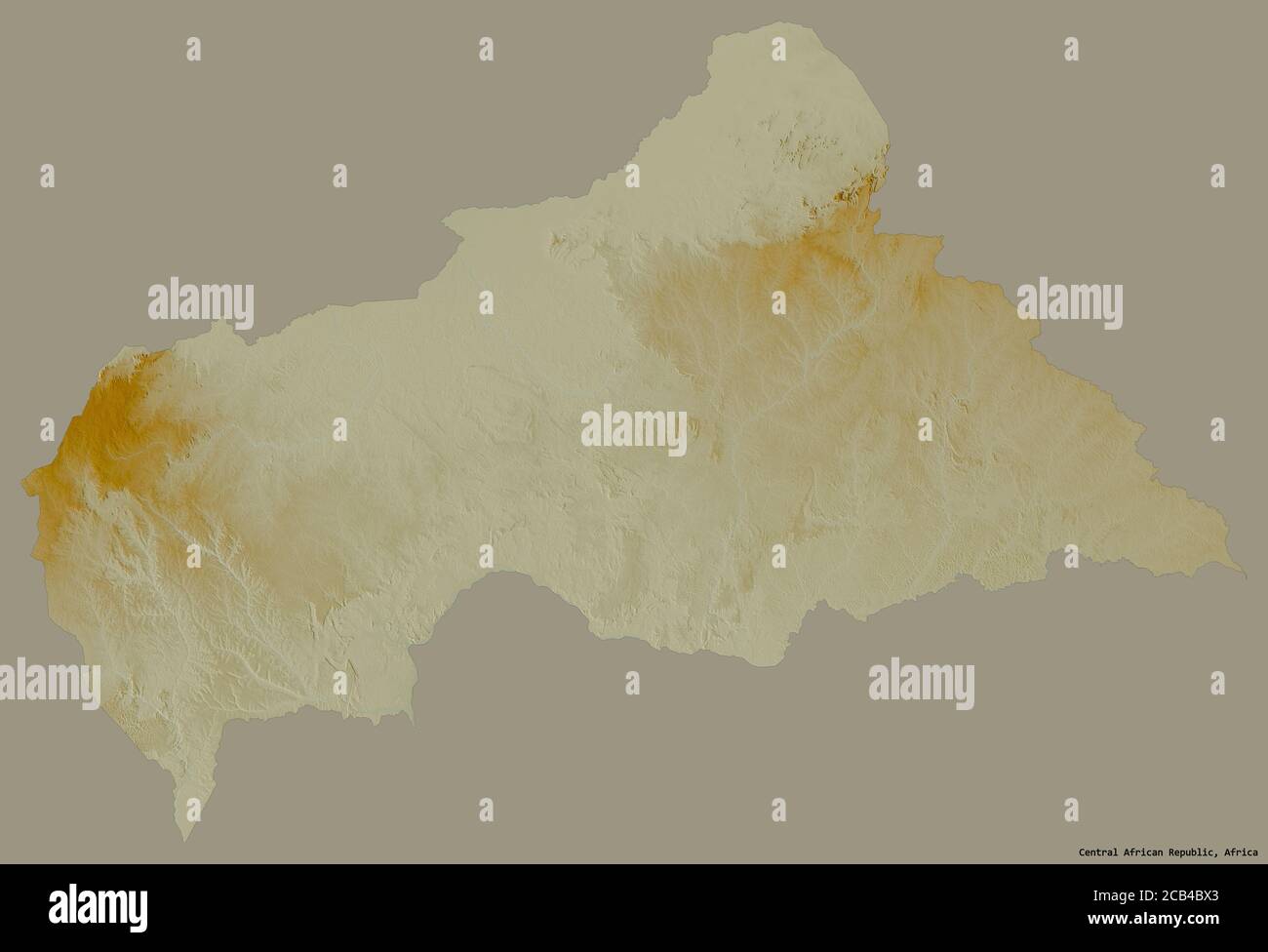 Form der Zentralafrikanischen Republik mit seiner Hauptstadt isoliert auf einem einfarbigen Hintergrund. Topografische Reliefkarte. 3D-Rendering Stockfoto